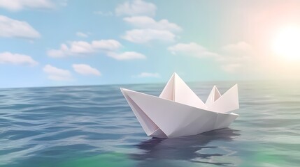 Serene Paper Boat on Calm Ocean Water under Sunny Sky