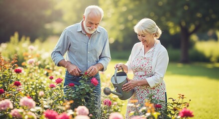Elderly man and woman pruning roses in a large rose garden. Grand couple enjoying nature and gardening outdoors, hobby concept.