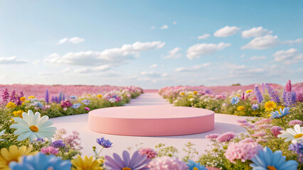 Pink Product Podium Surrounded By Colorful Flowers In a Spring Landscape Scene