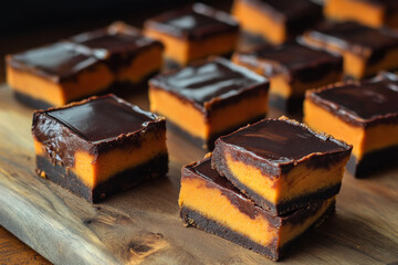Sweet potato brownies with a glossy chocolate glaze, cut into squares and served on a wooden board.