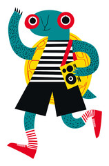 Playful Turtle Character in Striped Shirt with Retro Music Player and Bright Colors