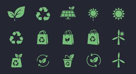 Eco-Friendly and Sustainability Icons – Green Energy, Recycling, and Environment