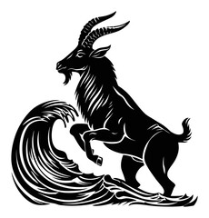 Fototapeta premium Dramatic Engraving of a Goat Leaping Over Waves in Black and White Illustration