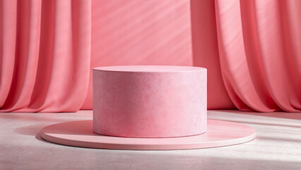 Pink Cylinder Display Podium With Circular Base and Elegant Pink Curtain Backdrop