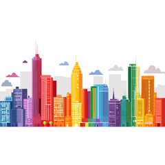 Obraz premium Abstract cityscape with buildings in pride flag colors, flat geometric shapes.