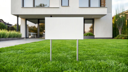 Blank Sign on Lush Green Lawn in Front of Modern Minimalist House
