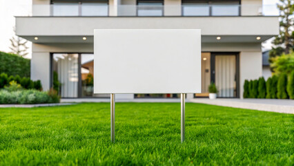 White Sign on Lawn in Front of Modern House for Real Estate