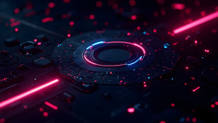 Cyberpunk Geometric Tech Background with Neon Grid and Futuristic Elements (AI Generated)