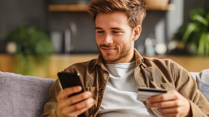 Smiling young man making an online purchase with smartphone and credit card - convenient digital shopping