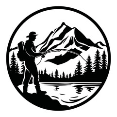 Vintage Style Illustration of Fisherman Near Lake and Mountain Landscape Design