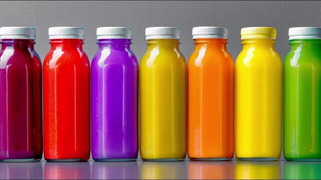 Row of colorful bottles of juice.