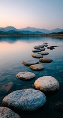 Serene Stepping Stones Path Across Calm River at Sunset