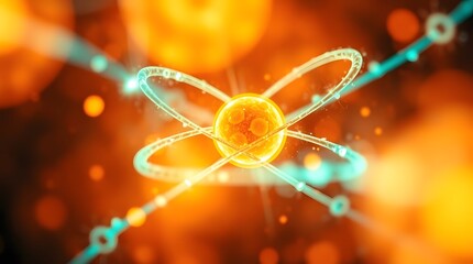 A vibrant 3D render showcasing an atomic nucleus as a glowing orange sphere with textured surface, surrounded by bright blue, intertwining orbital paths representing electrons, against a blurred bokeh
