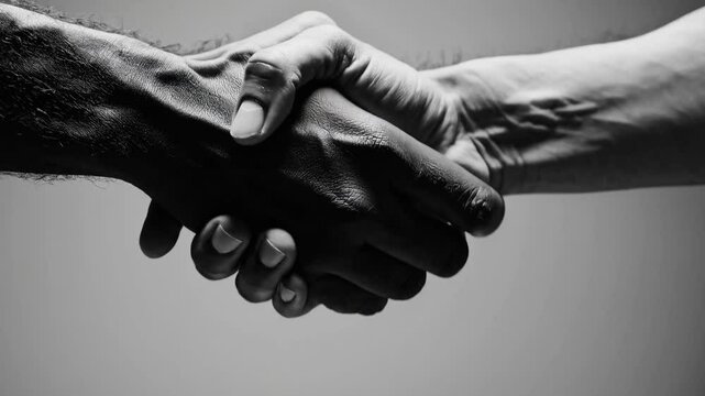 Strong handshake signifies unity and partnership between diverse individuals in black and white imagery
