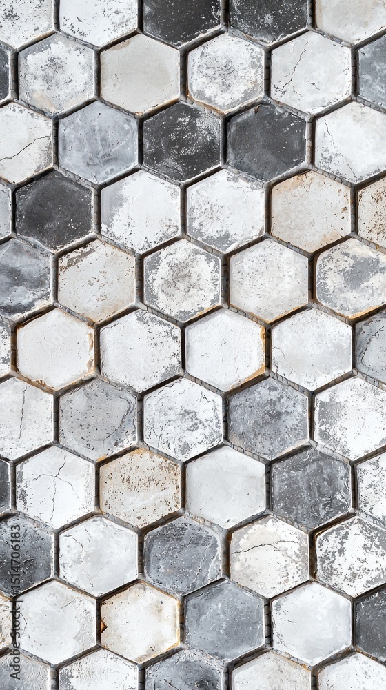 Poster hexagonal tiles with a worn vintage damask pattern in shades of gray and white create a nostalgic at