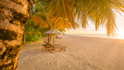 Amazing leisure beach. Couple chairs sandy beach sea. Luxury summer holiday vacation resort hotel for tourism. Inspire tropical paradise landscape. Tranquil honeymoon relax beach, beautiful landscape
