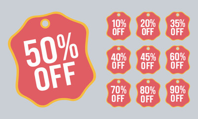 Sale and Discount Tags: 50% Off and More, Sale tags set vector badges template, up to 10, 20, 90, 80, 30, 40, 50, 60, 70 percent off, vector illustration

