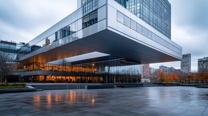 Dramatic cantilevered mass floating above an open plaza, exemplifying bold architectural prowess