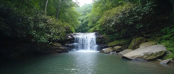 Obraz premium Peaceful Waterfall Scene In Lush Green Forest