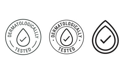 Dermatologically Tested Icons: Outline Water Drop, Dermatologically Tested Circular Seals with Check Mark and Water Drop Icons Black and White Color Vector Design Template
