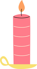 Lit Candle Illustration. Decorative burning candle in holder for therapy, romantic, spiritual, relaxation. Candlelight flame vector isolated.