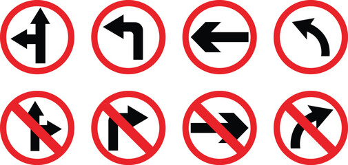 Road sign icon set.Direction of movement. Warning different road sign.Permitted directions of movement at intersections, junctions and other sections of the road.Warning sign, attention road sign.