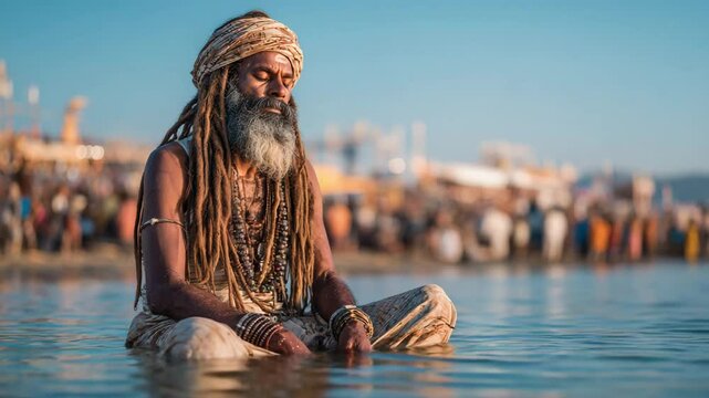 During the Kumbh Mela religious event, Indian Hindu sadhus bathe in a sacred river.