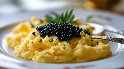 Beluga caviar spooned gently onto gourmet scrambled eggs