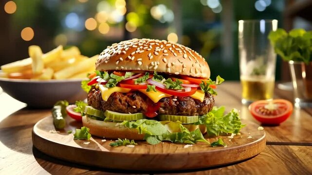 Close-up burger and french fries on table in fast food cafe