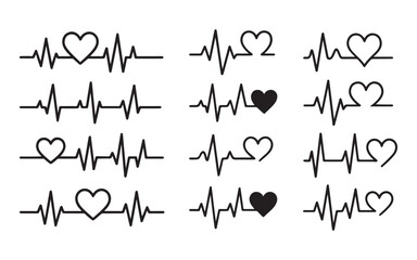 Heartbeat and hearts icon set for health, wellness, and love design