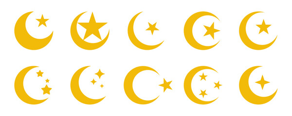Moon, star, crescent, icon set. Islamic sign Muslim symbol isolated vector illustration collection in black and white color.
