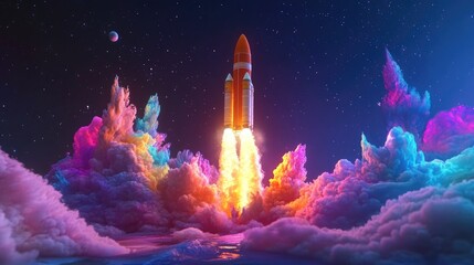 Fototapeta premium Colorful rocket launch amidst vibrant cosmic clouds.