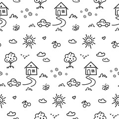Seamless pattern with with black outline kid drawing in doodle style. Fun icons, childish drawings such as house, car, tree, cherry, sun and heart isolated on white background.