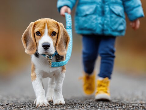 Playful Beagle Puppy with Collar and Leash Enjoying a Walk