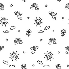 Seamless pattern with black doodle kid drawing on transparent background. Fun icons, childish drawings such as rainbow, sun, cloud, bee, butterfly and flower isolated on white background.
