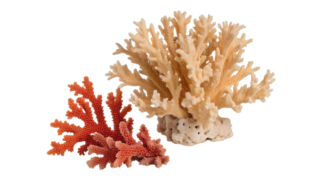 Two coral formations one peach and one cream color on a black background in a studio setting view