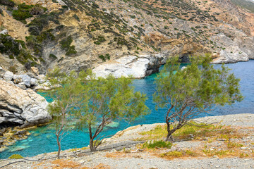 Emerald rocky Agia Anna beach on Amorgos island, Cyclades, Greece