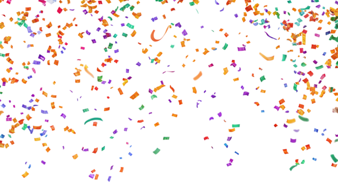 Abstract colorful confetti falling down against a black background in a pixelated style effect