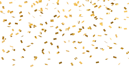 A scattered array of gold confetti pieces against a stark black backdrop creating a festive atmosphere