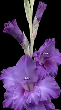 Time-lapse extreme close-up video of a single stalk of vibrant purple gladiolus flowers blooming sequentially, buds swelling and unfurling delicate richly textured petals against a pure black