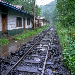 Fototapeta premium Rainy Day Village Scene Along Narrow Gauge Railway Track