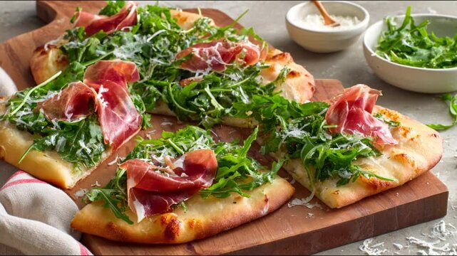 Delicious flatbread pizza with fresh arugula and prosciutto on a wooden board, a culinary delight.