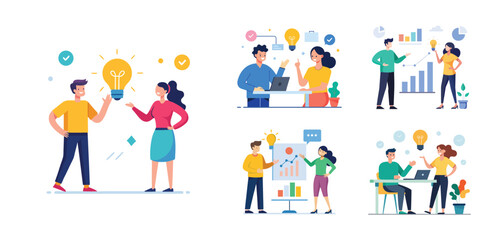 Illustration of two people sharing ideas. Teamwork and idea sharing concept. Flat style design