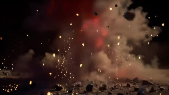  fiery explosion that may depict a newsworthy event. The image has a fiery orange glow and debris is strewn across the landscape.
