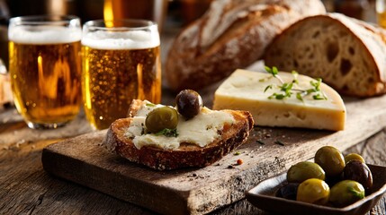 Beer and artisanal cheese spread with olives and crusty bread, rustic cutting board