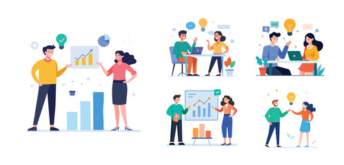 Naklejka premium Illustration of two people sharing ideas. Teamwork and idea sharing concept. Flat style design