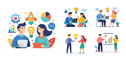 Fototapeta premium Illustration of two people sharing ideas. Teamwork and idea sharing concept. Flat style design