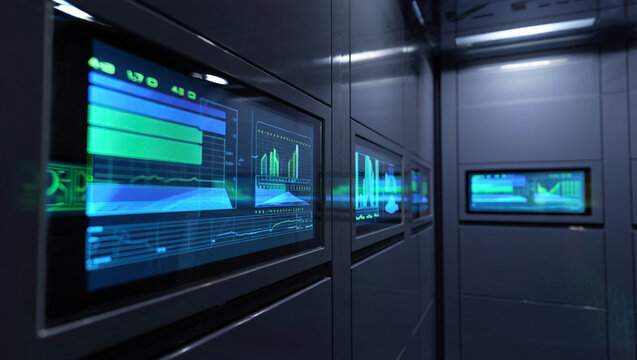 Futuristic data center server room with bright screens displaying financial charts and graphs