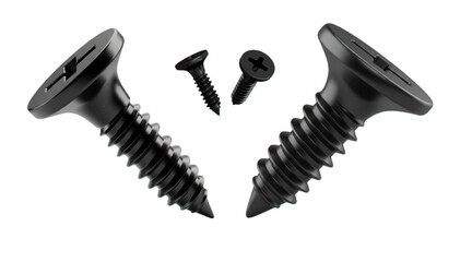 Collection of sleek black self-tapping screws for construction and diy projects isolated on white background