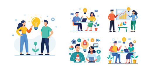 Fototapeta premium Illustration of two people sharing ideas. Teamwork and idea sharing concept. Flat style design